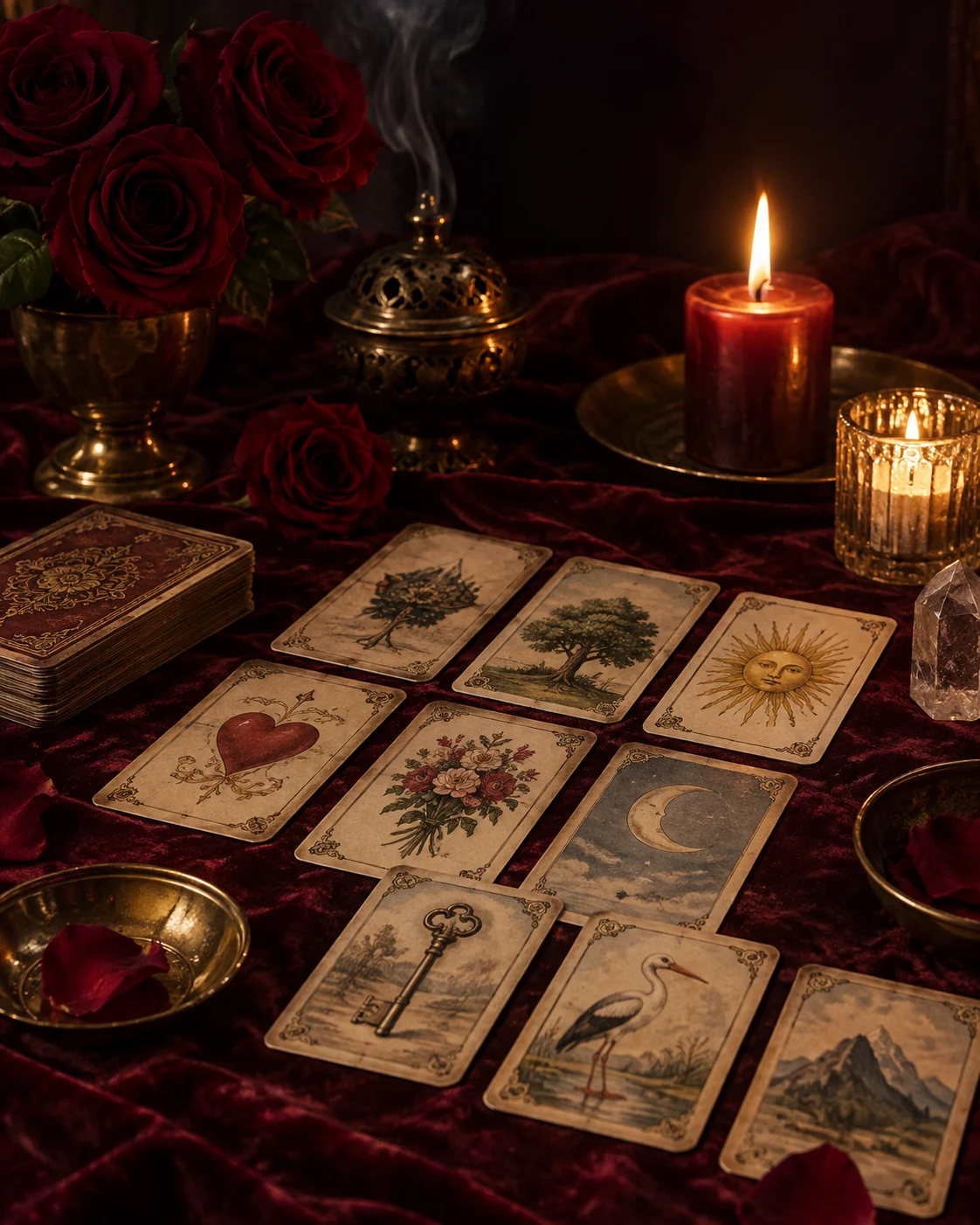 Cartas, rosas e velas sobre uma mesa de leitura