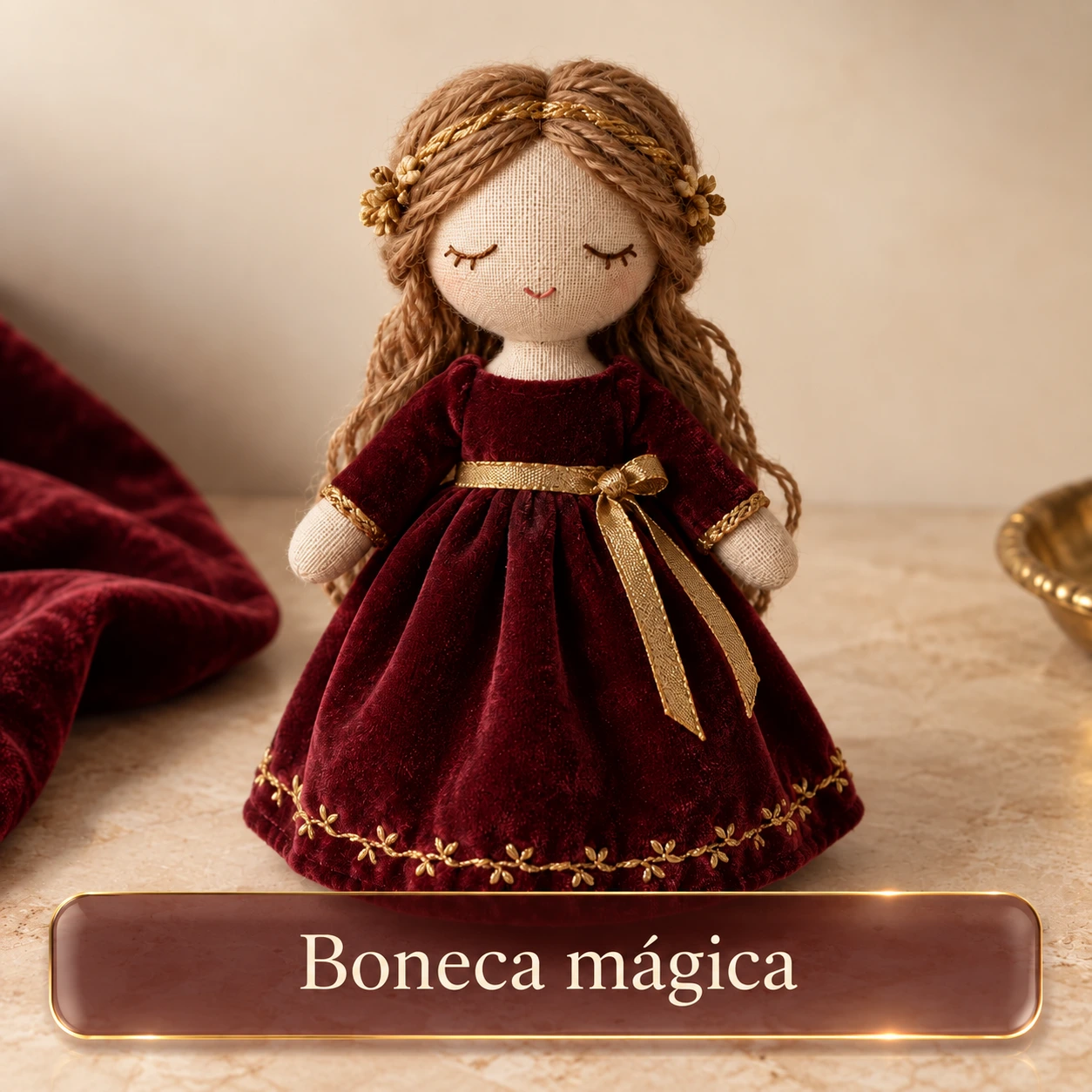 Boneca mágica com vestido vinho e legenda na imagem