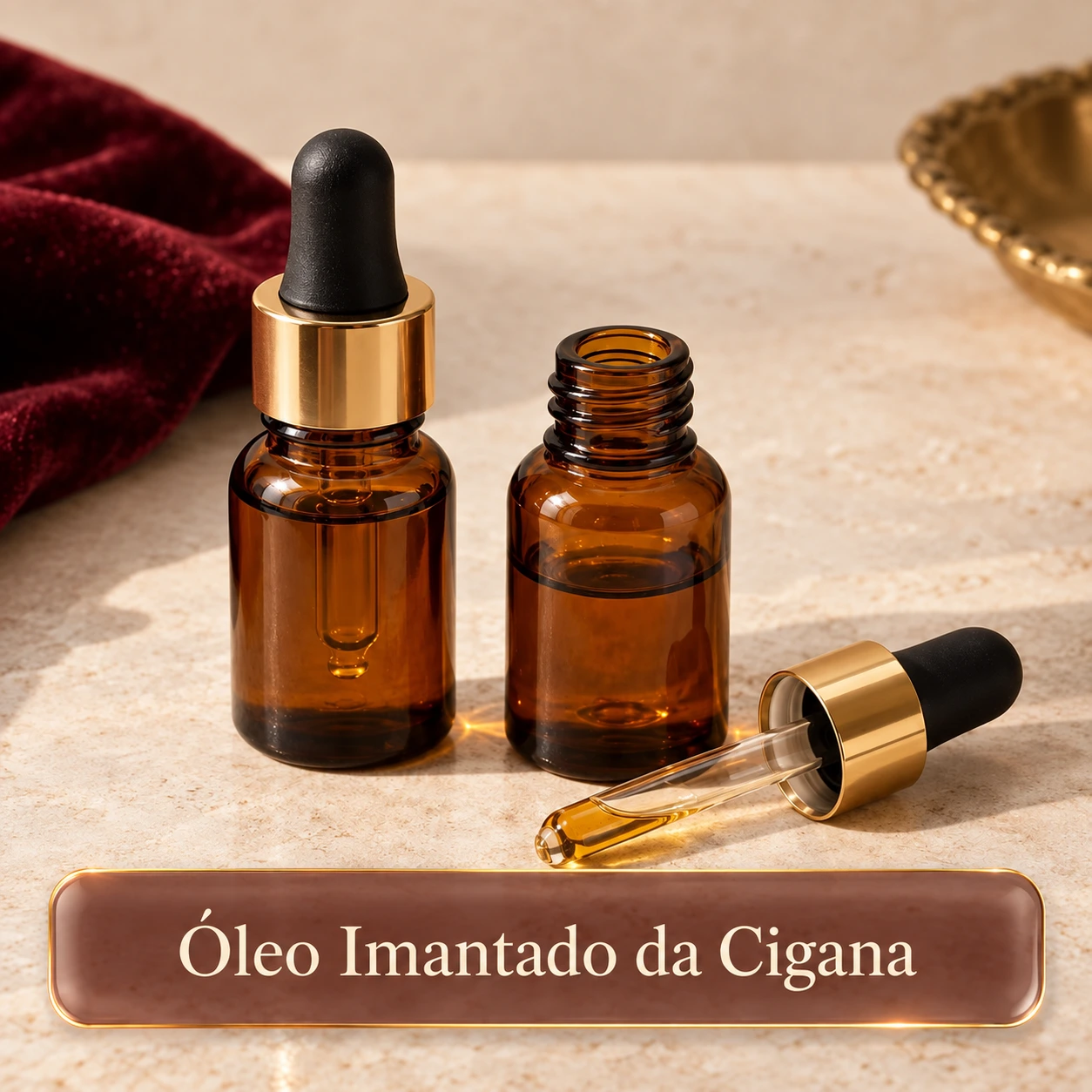 Frascos âmbar com conta-gotas e legenda Óleo Imantado da Cigana