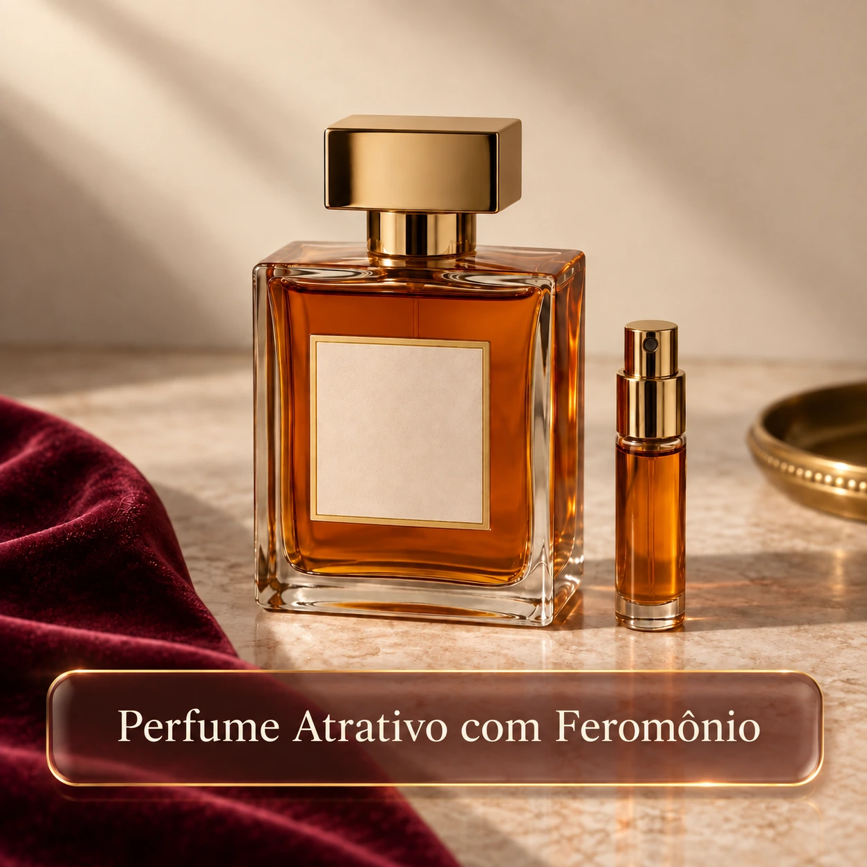 Perfume âmbar com tampa dourada e legenda Perfume Atrativo com Feromônio