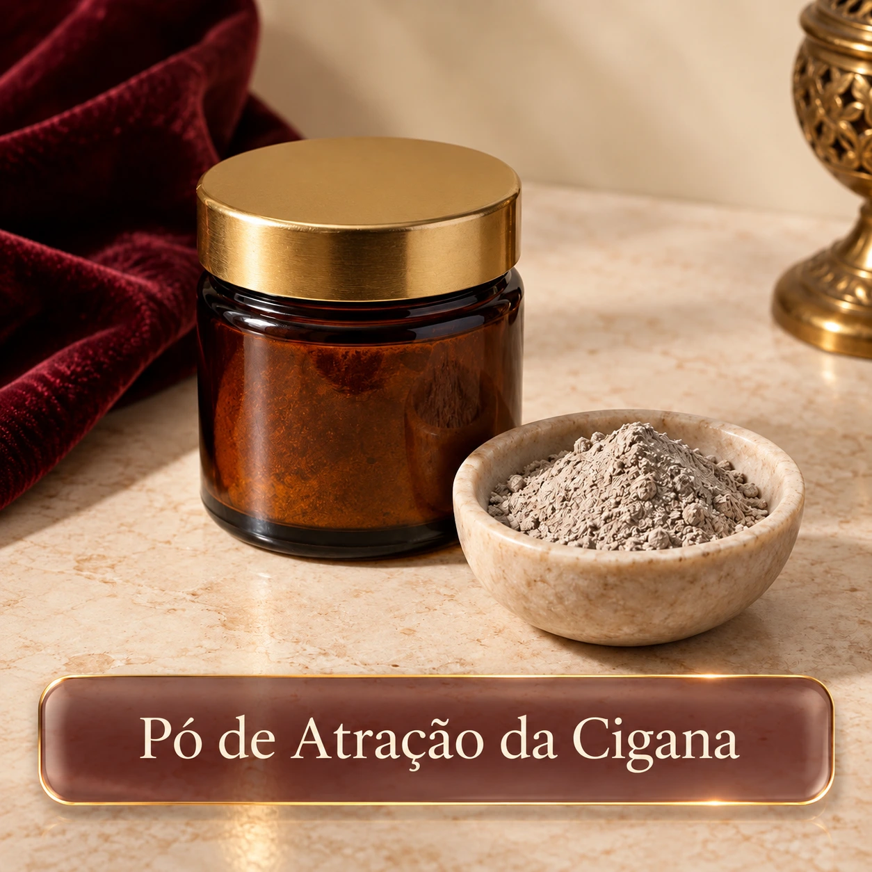 Pote âmbar com tampa dourada e tigela de pó, com a legenda Pó de Atração da Cigana