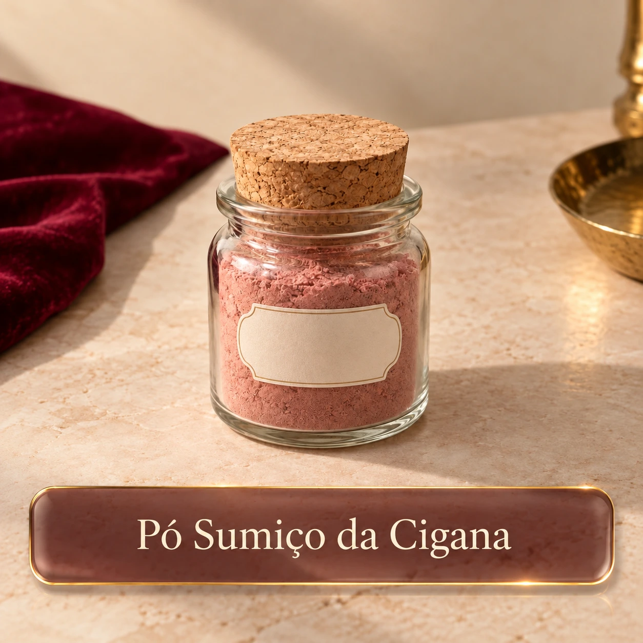 Pote transparente com pó rosado e tampa de cortiça, com a legenda Pó Sumiço da Cigana