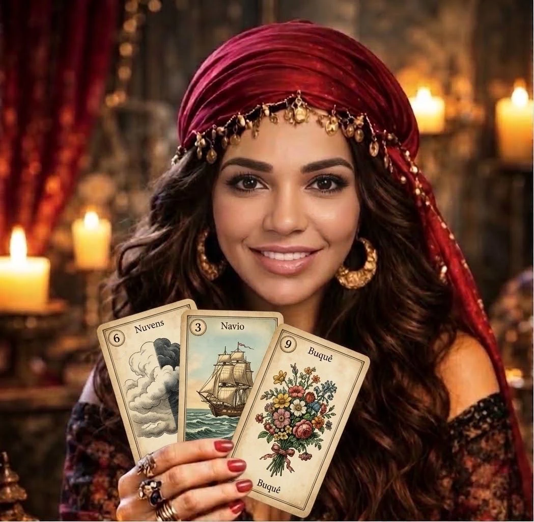 Soraya Cigana com cartas do Baralho Cigano, em um ambiente iluminado por velas